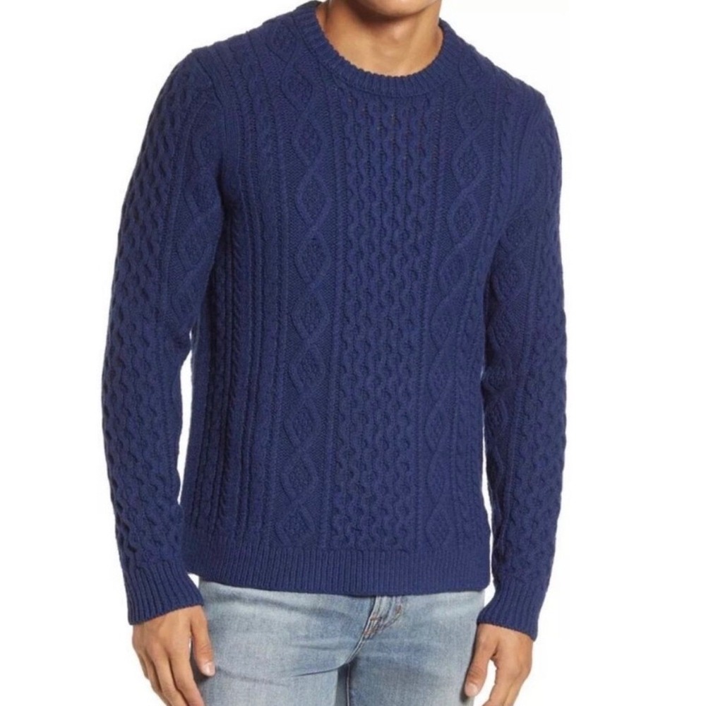 Outerknown Mens Blue Wool Organic Cotton Fisherman Cable Knit Sweater Size Large